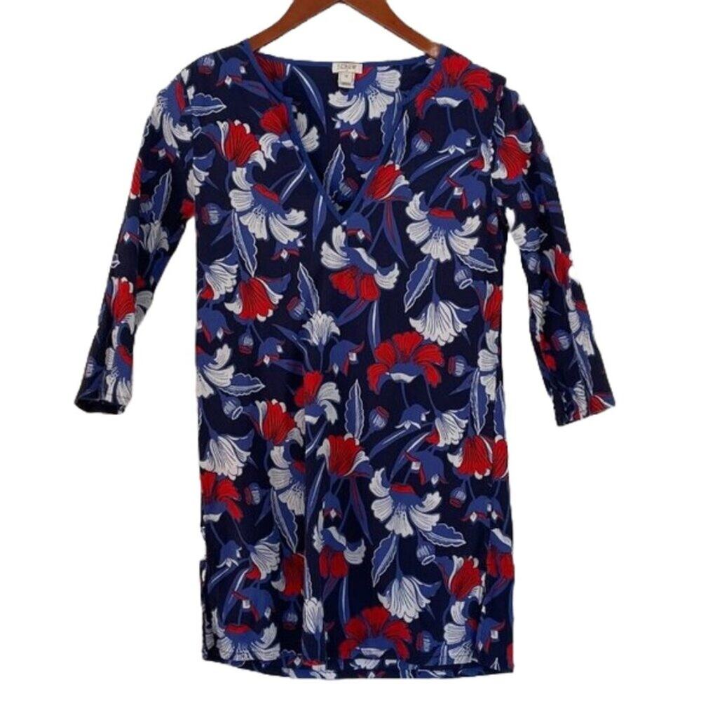J. Crew Cotton Gauze Beach Cover-Up/Tunic V-Neck, Red, Blue Floral 3/4 Sleeve XS